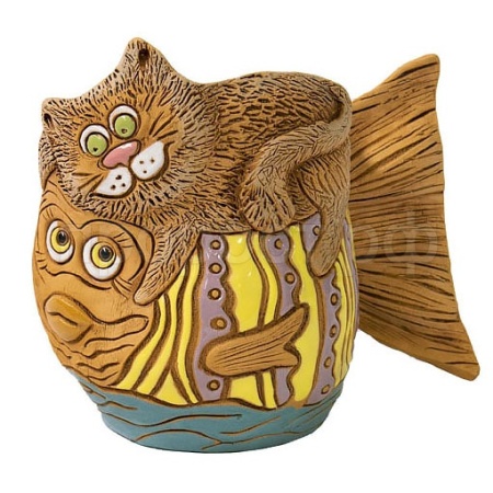 Кашпо Рыбка с котом цветное 118-181-02/Зол.
