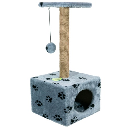 Когтеточка домик с полкой квадрат джут серый с игрушкой 35*35*77см/DONBARON